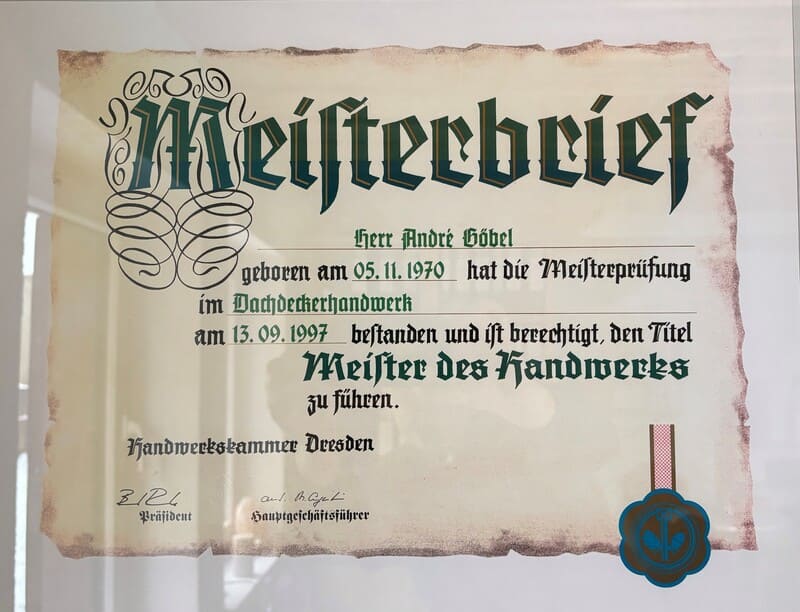 Dachdeckerei Andre Goebel Meisterbrief Meisterbrief von Andre Göbel