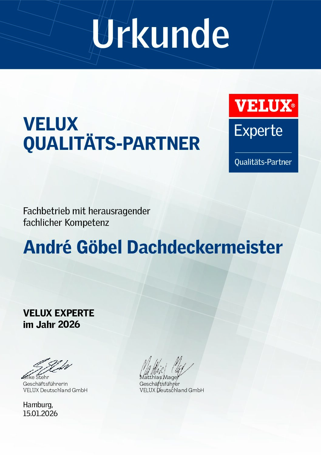 Dachdeckerei Andre Goebel Urkunde VeluxExperte pdf